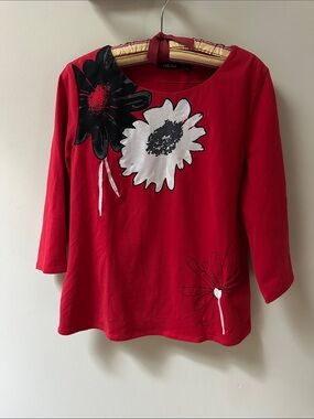 Carlisle Red 3/4 Sleeve Top with Black & White Floral Accents